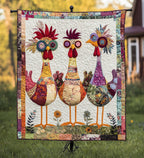 Folk Art Hens quilted throw – patchwork hens with flower crests on cream