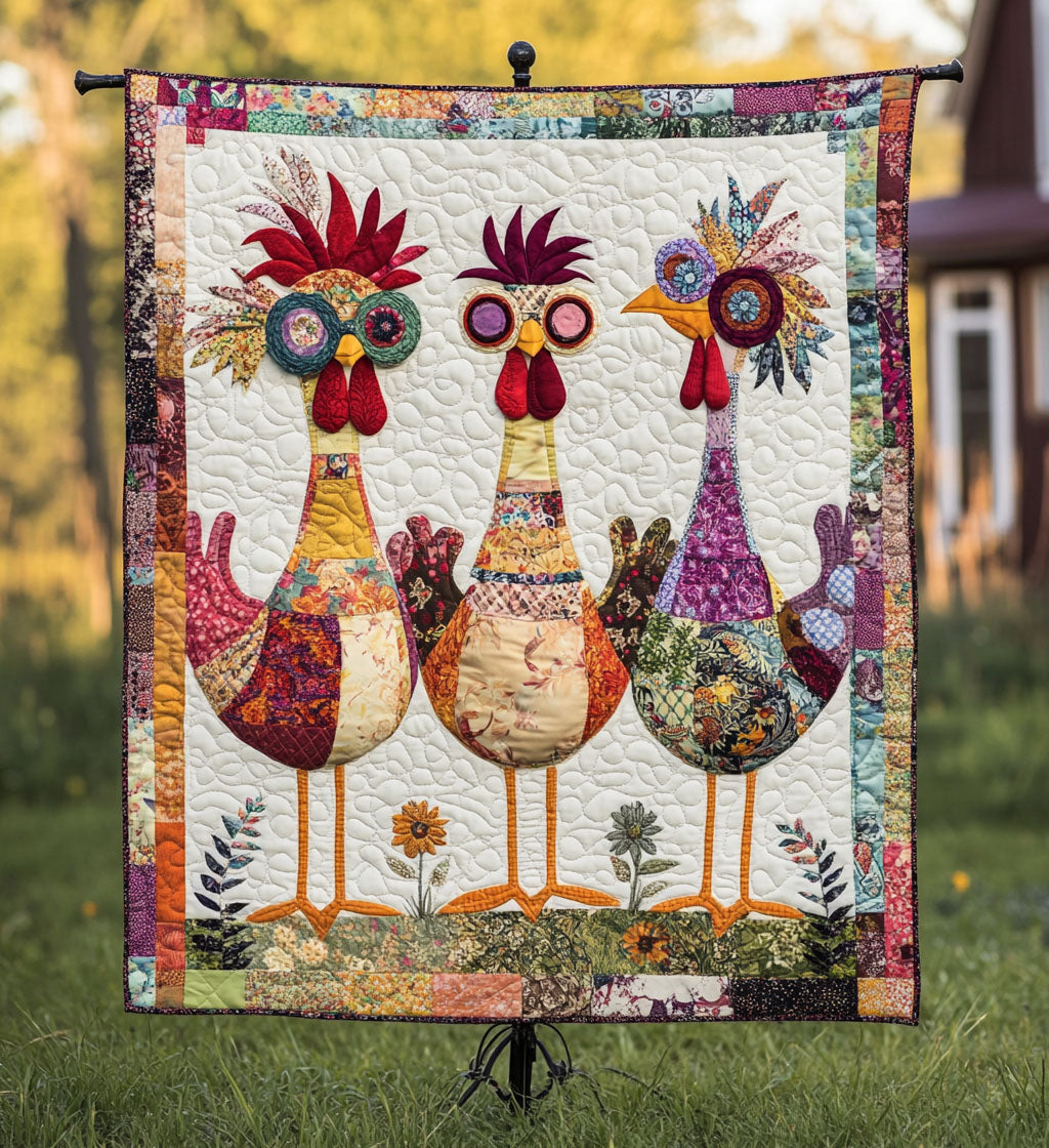 Folk Art Hens quilted throw – patchwork hens with flower crests on cream