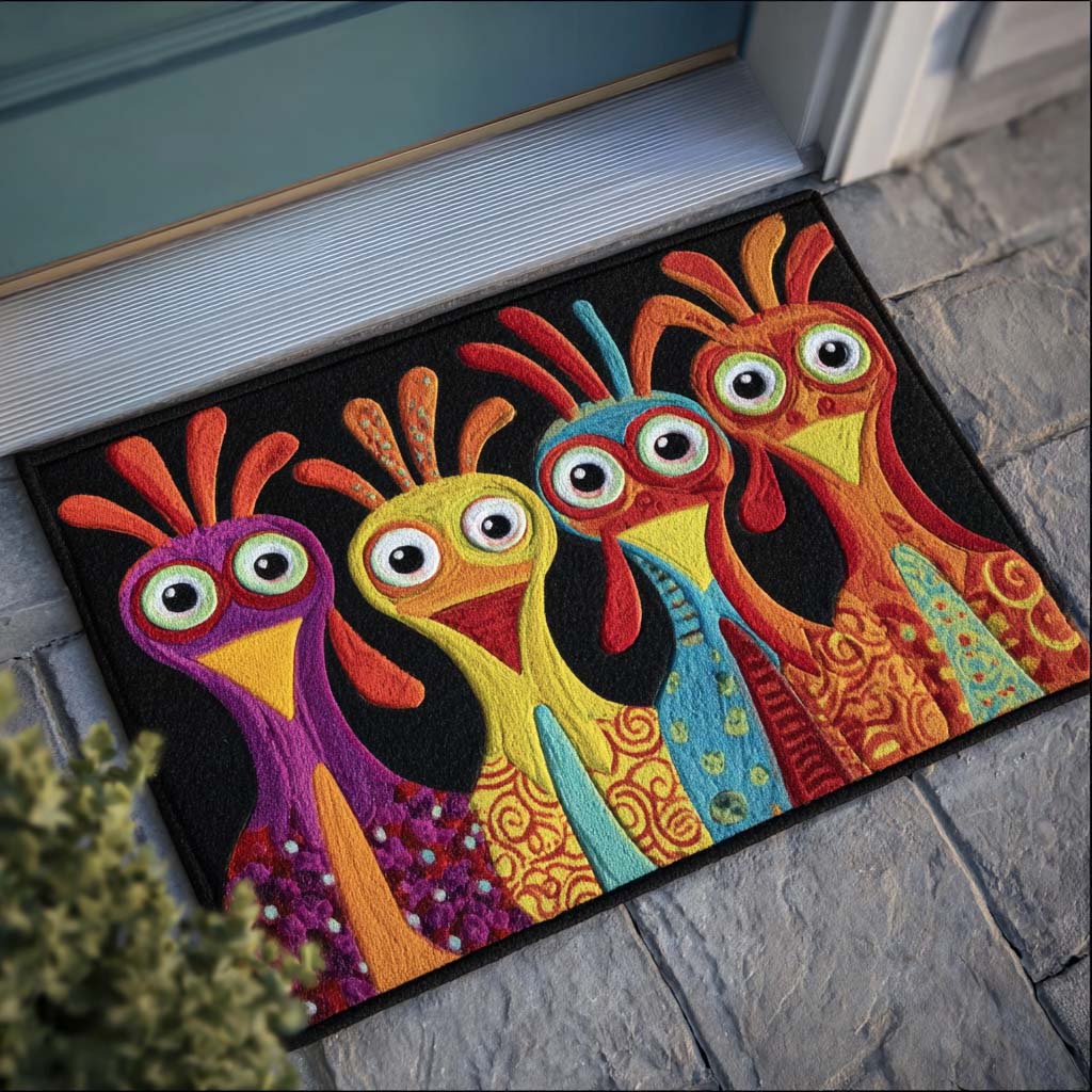 Rooster Gleam doormat – quirky chickens