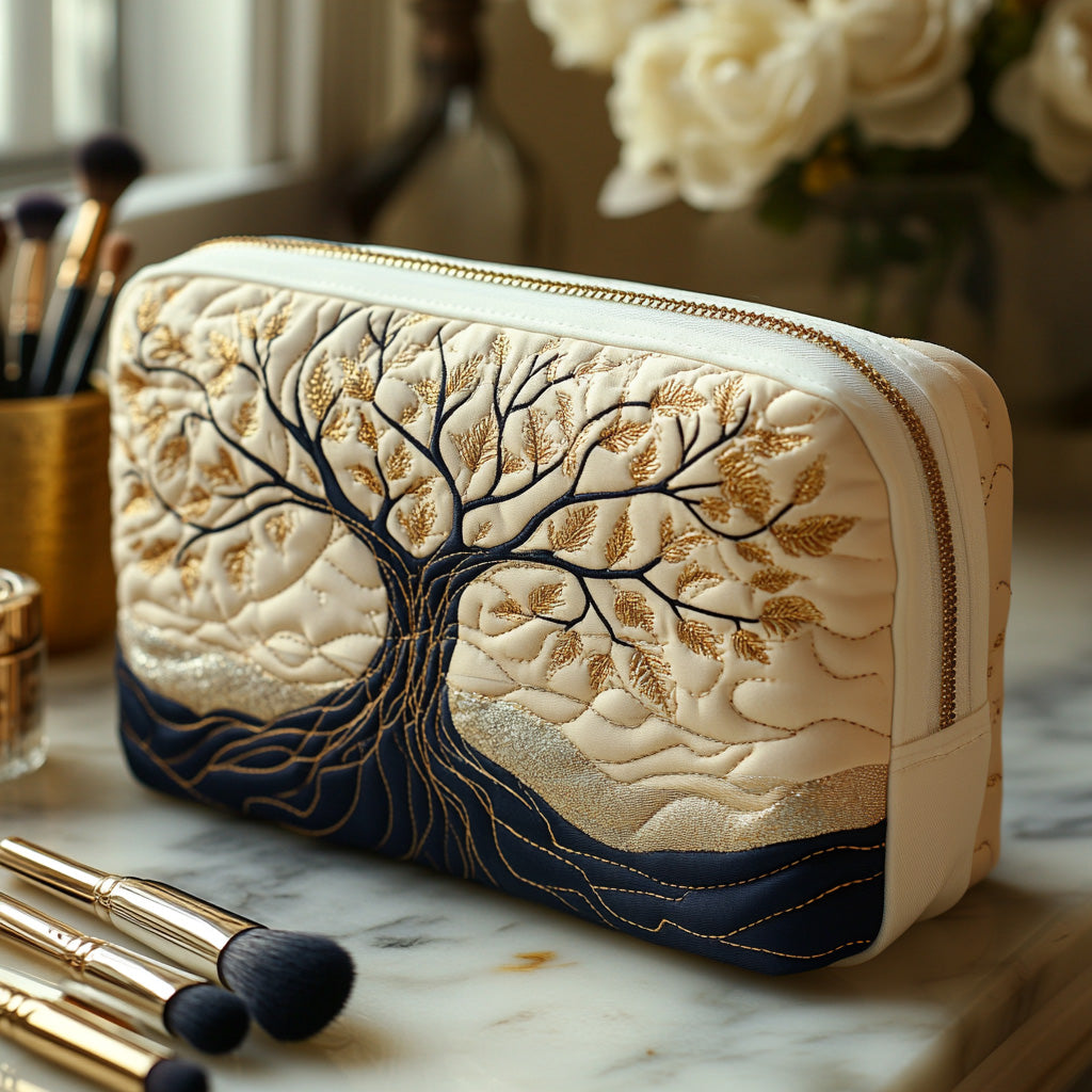 Rooted Harmony quilted make-up bag with cream tree of life with its roots reaching into a black base