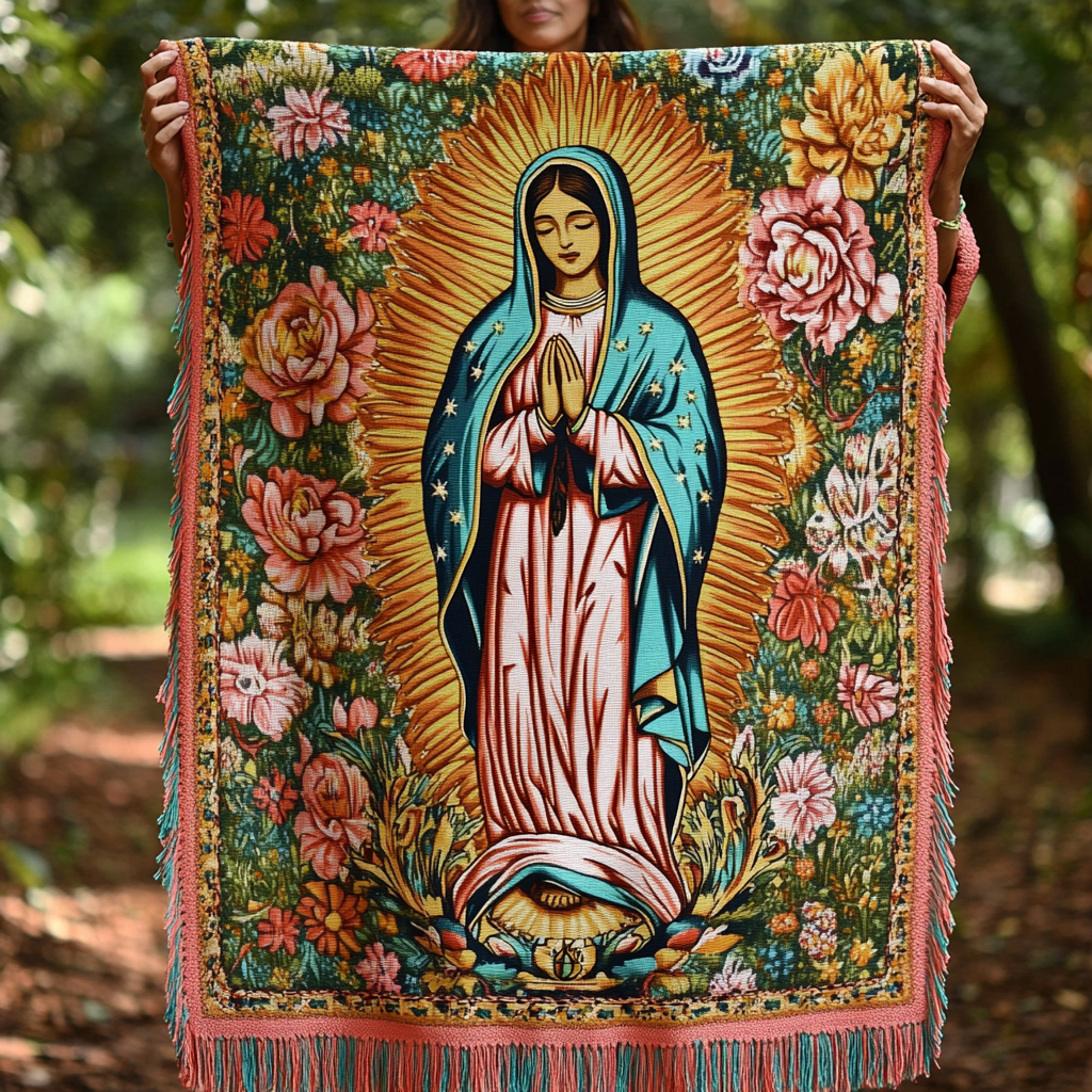 Our Lady of Roses fringed throw – Mary in prayer surrounded by roses