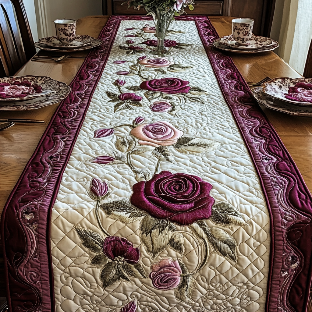 Burgundy Rose Trail quilted table runner – burgundy roses on cream