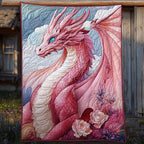 Pink Dragon quilted throw – rose-pink dragon among pink flowers