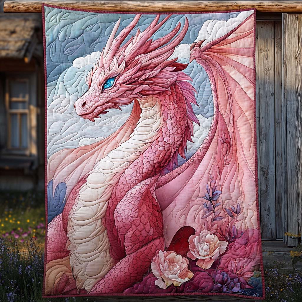 Pink Dragon quilted throw – rose-pink dragon among pink flowers