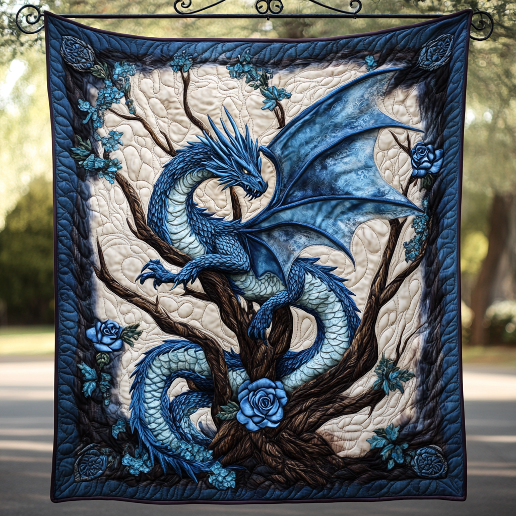 Blue Dragon and Blossom quilted throw – blue dragon around a tree with blossoms