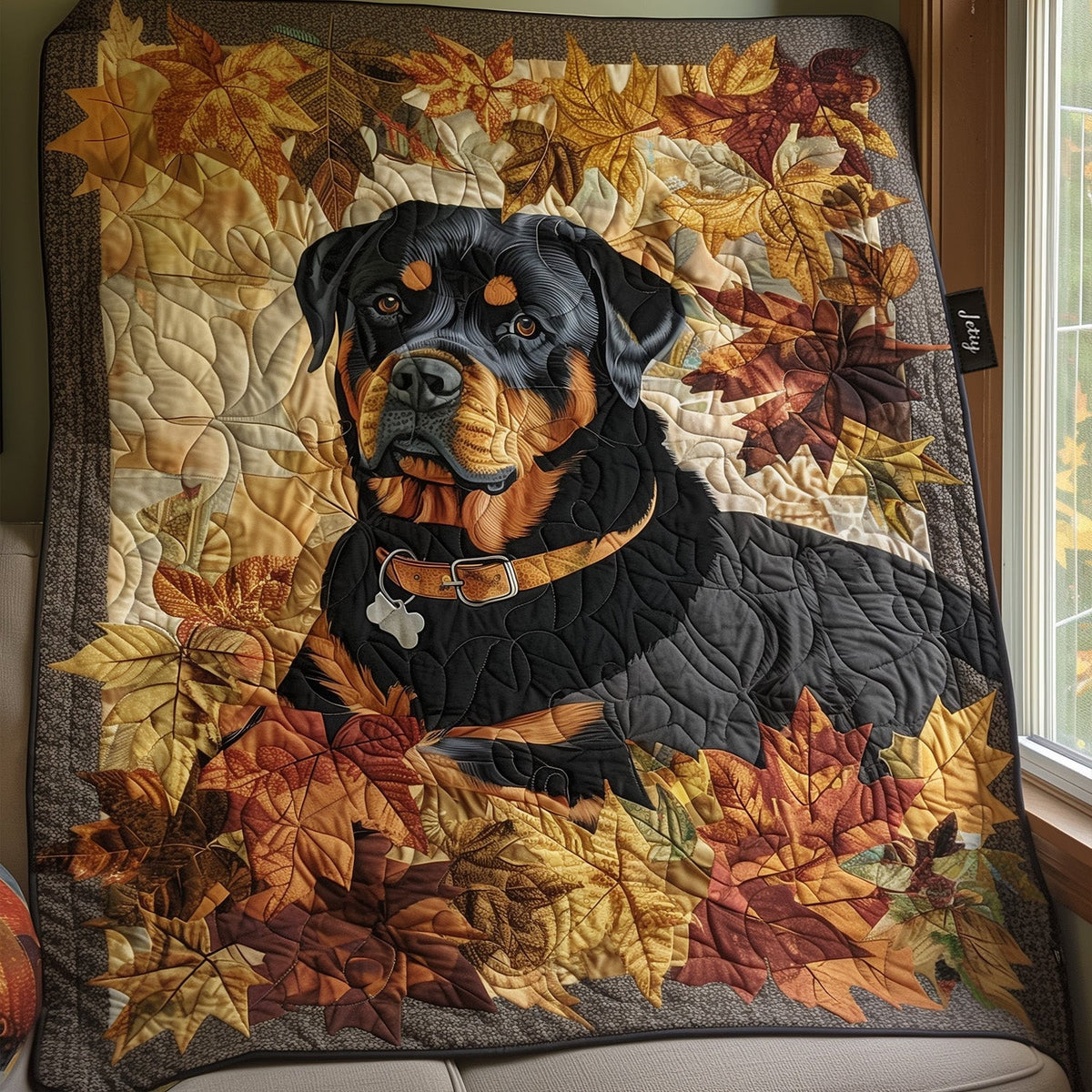 Rottweiler in Autumn quilted throw – rottweiler among golden autumn leaves
