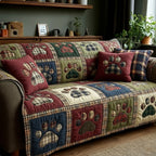 Paws and Hearts Plaid quilted sofa cover – paw prints and hearts with plaid