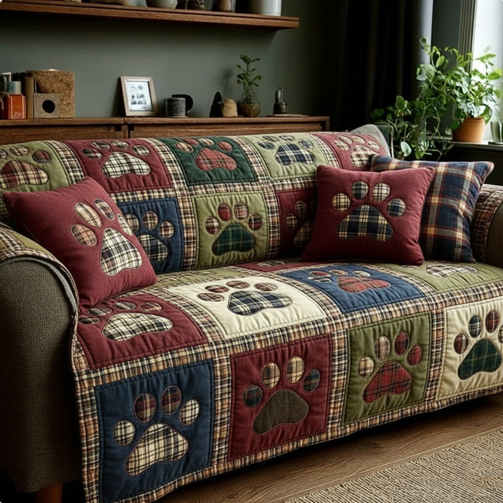Paws and Hearts Plaid quilted sofa cover – paw prints and hearts with plaid
