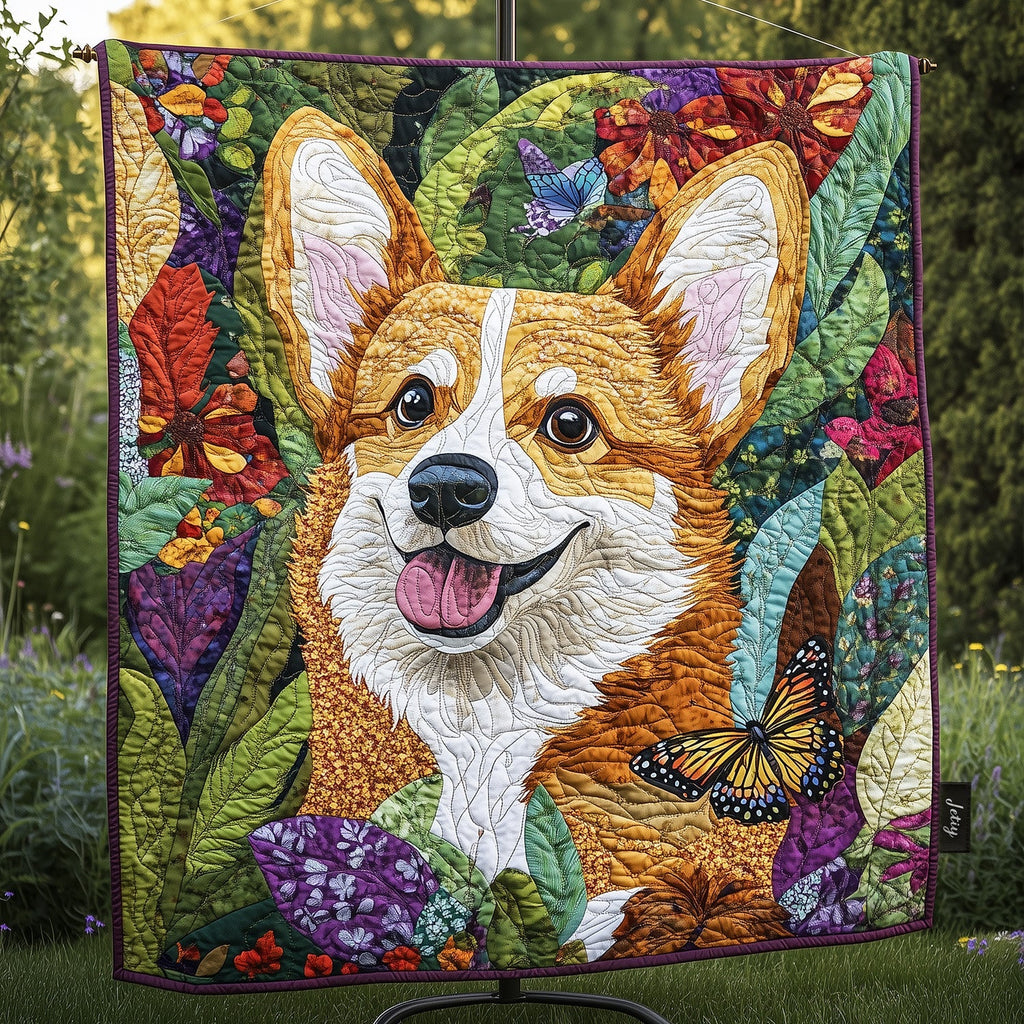 Corgi in Bloom quilted throw – smiling Corgi among purple flowers