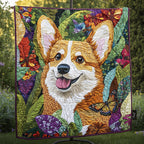 Corgi in Bloom quilted throw – smiling Corgi among purple flowers