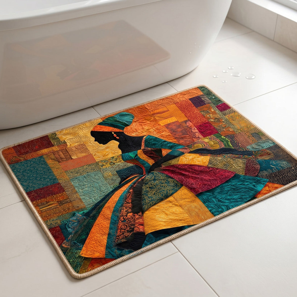 Royal Essence bath mat – woman in patchwork dress