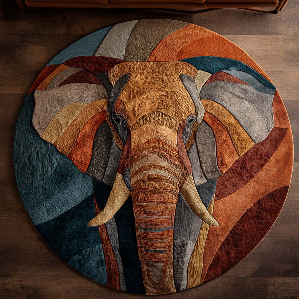 Royal Elephant round rug – patchwork elephant
