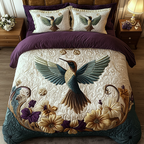 Royal Hummingbird quilted bedspread set – hummingbird over cream and purple flowers