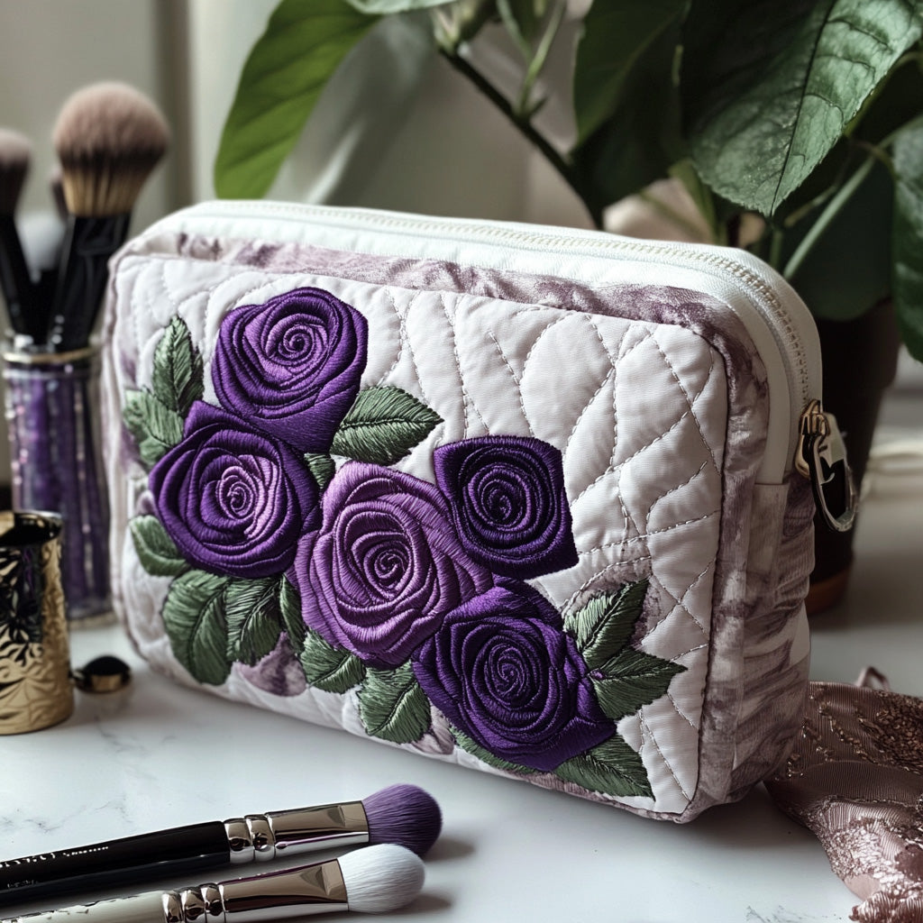 Royal Petals quilted make-up bag with deep purple roses on white quilting