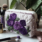 Royal Petals quilted make-up bag with deep purple roses on white quilting