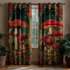 Ruby Toadstool Glade quilted curtains – red toadstools on deep green