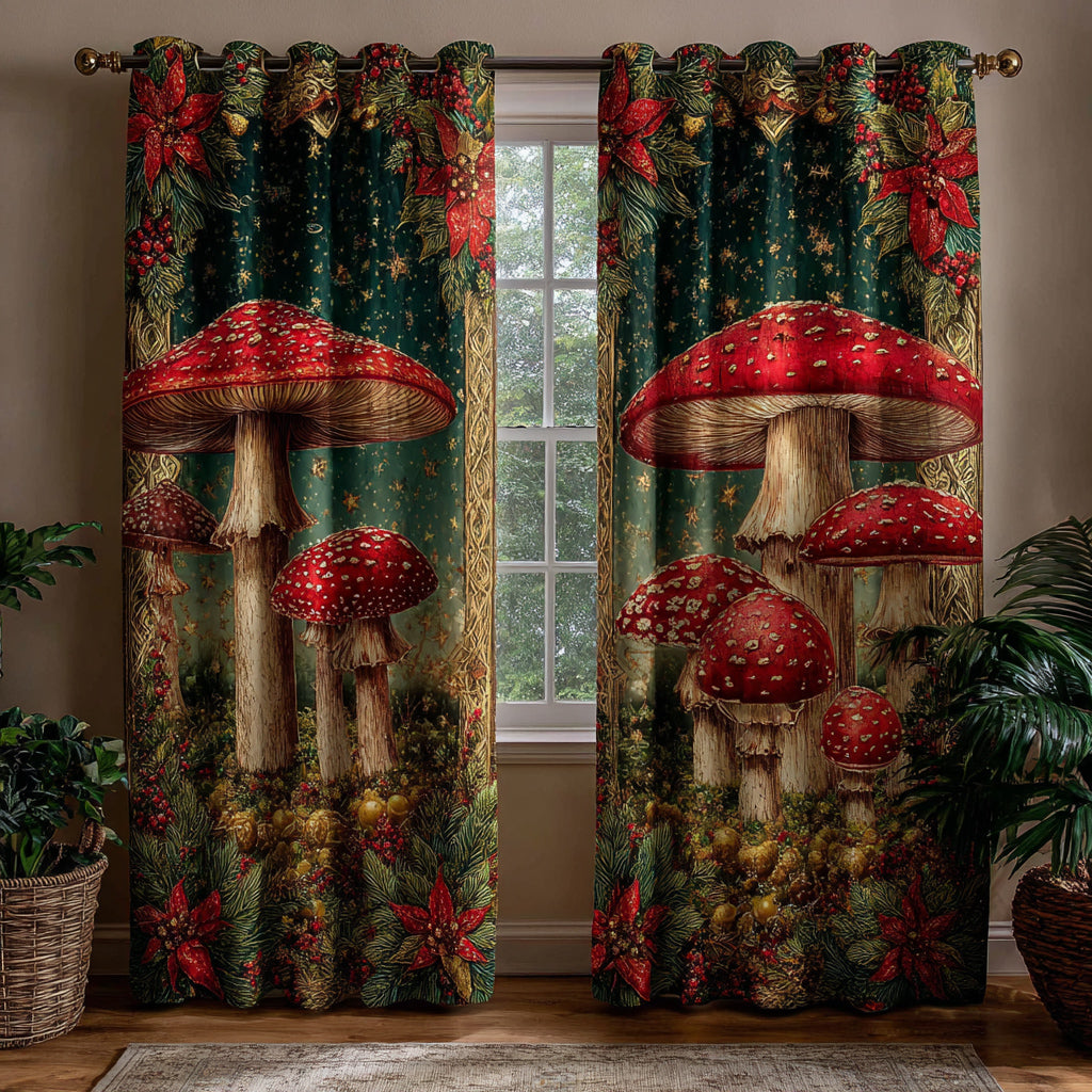 Ruby Toadstool Glade quilted curtains – red toadstools on deep green