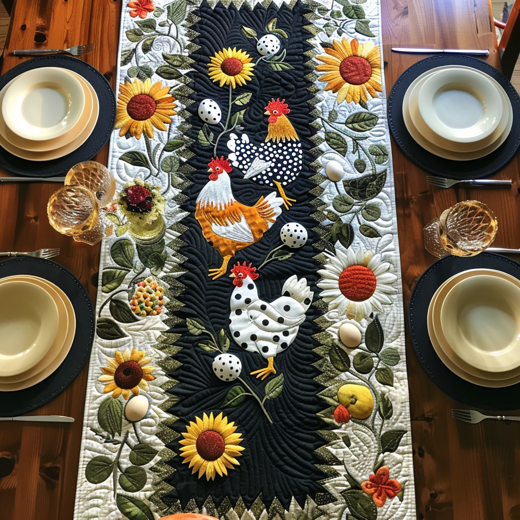 Sunflower Hens quilted table runner – hens among sunflowers