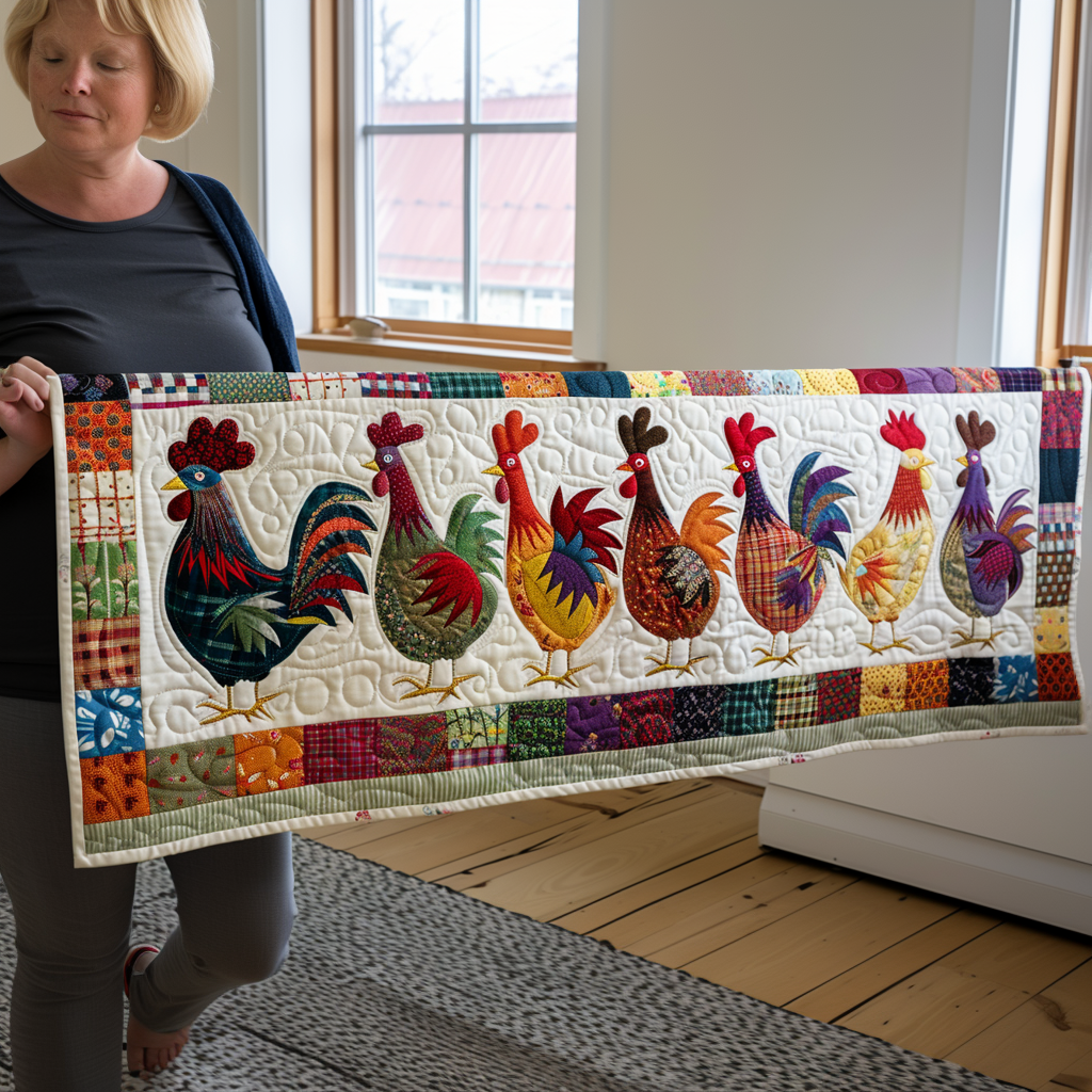 Rooster Line Patchwork quilted table runner – bright roosters above patchwork