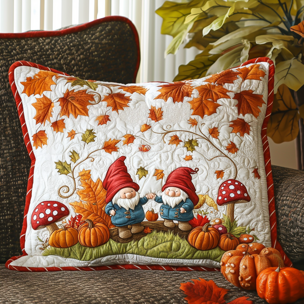 Autumn Gnomes quilted pillowcase – gnomes among pumpkins and toadstools