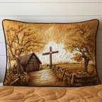 Barn and Cross quilted pillowcase – wooden cross beside an old barn