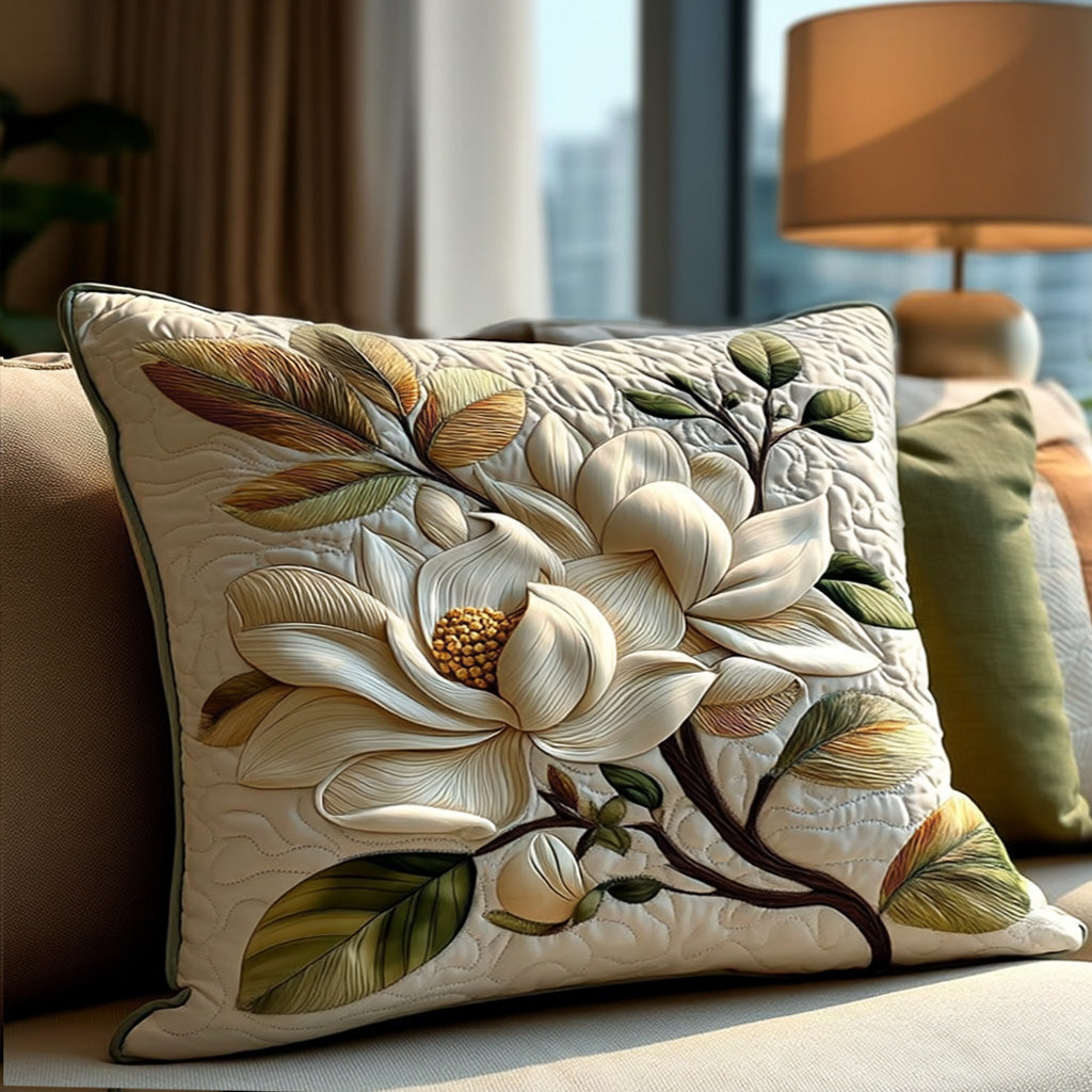 Magnolia Branch quilted pillowcase – cream magnolia on a leafy branch