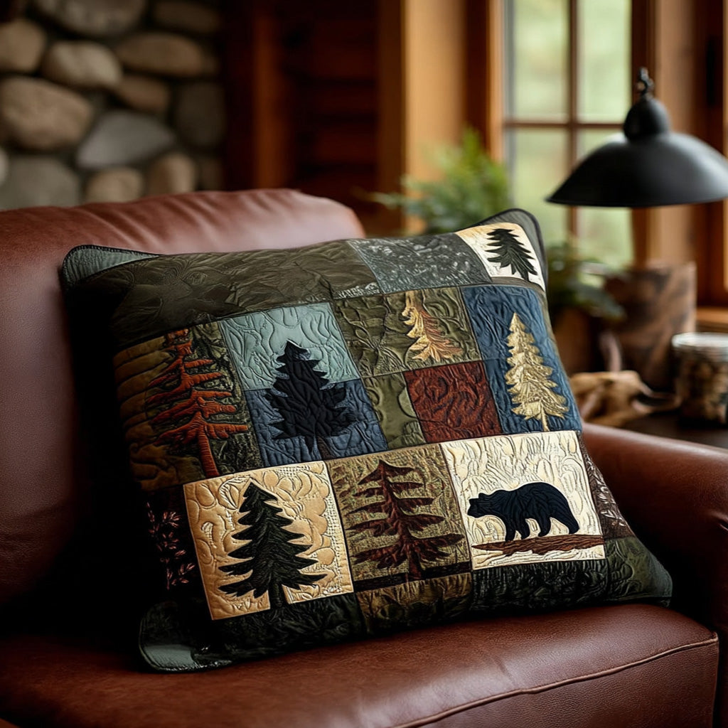 Bear and Pine Patchwork quilted pillowcase – bears and pines in patchwork squares