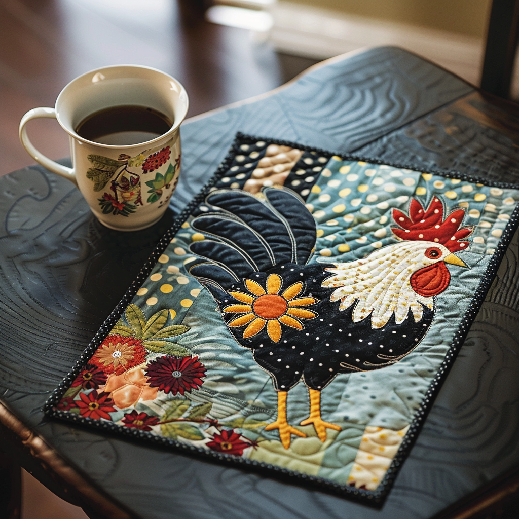 Rustic Rooster quilted placemats – rooster with sunflower
