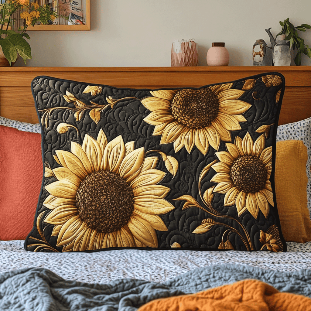 Sunflowers on Black quilted pillowcase – golden sunflowers on deep black