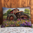 Rusty Tractor quilted pillowcase – old red tractor among wildflowers