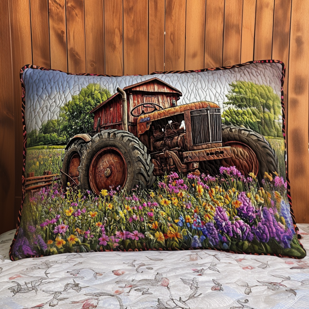 Rusty Tractor quilted pillowcase – old red tractor among wildflowers