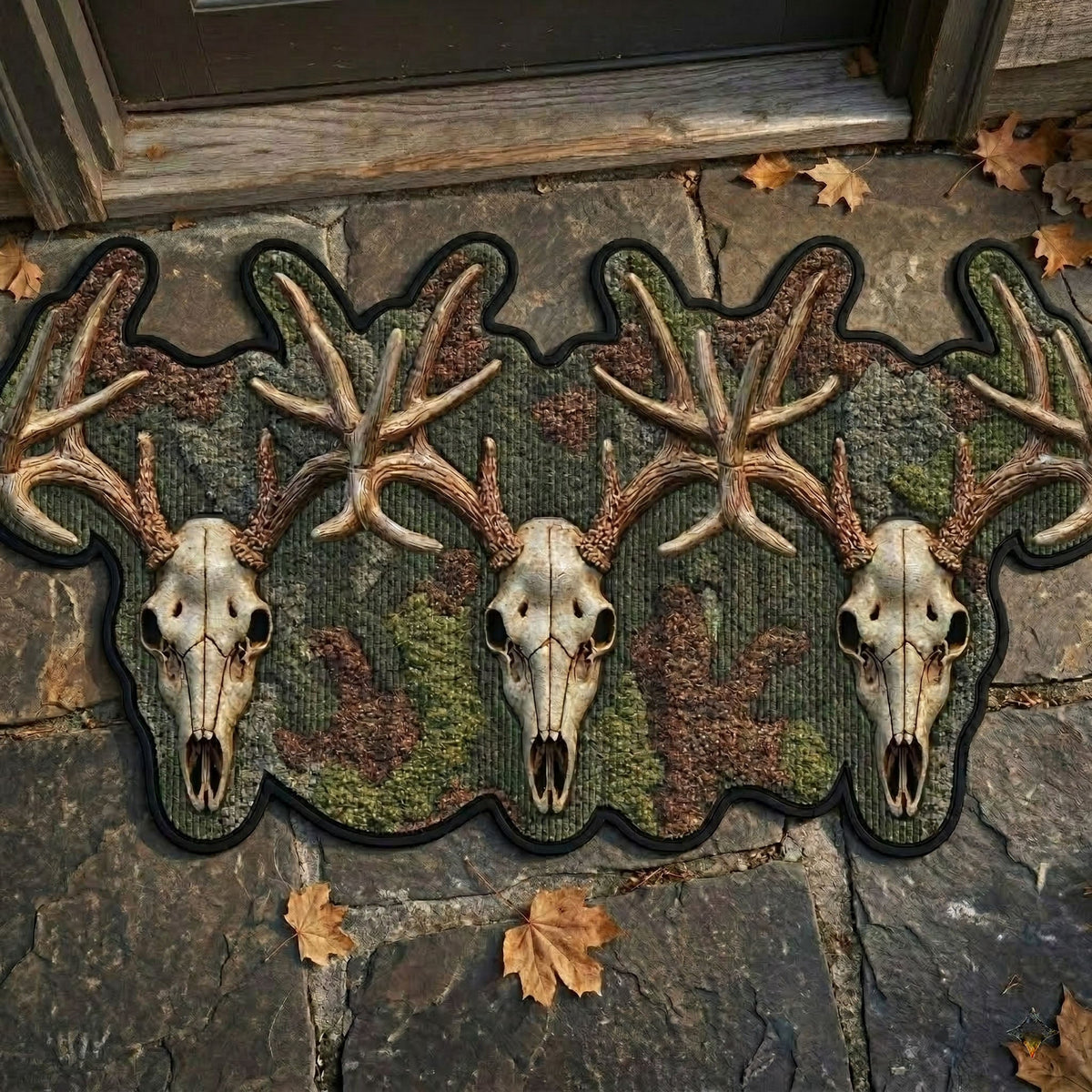Rustic Antler Row shaped doormat – antlered skulls