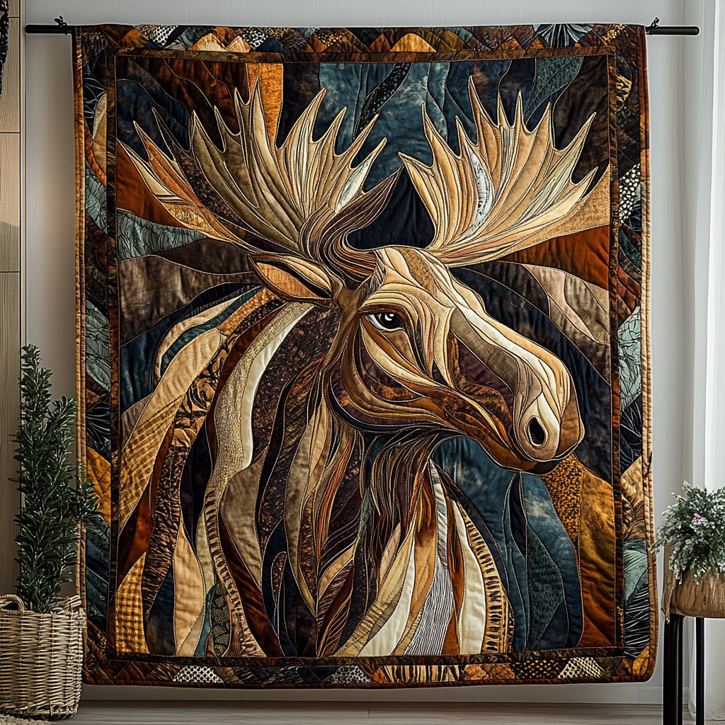 Patchwork Moose quilted throw – moose with great antlers in patchwork