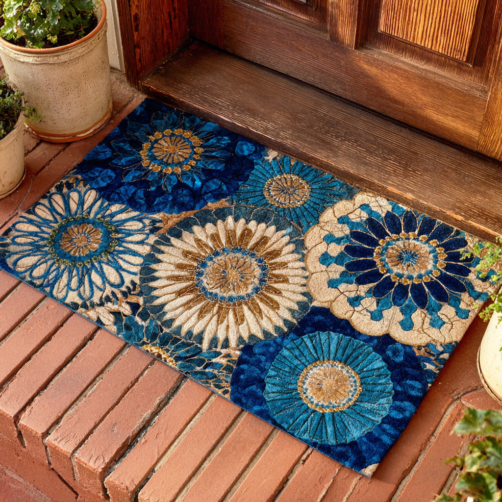 Rustic Floral Medallions doormat – blue mandala flowers
