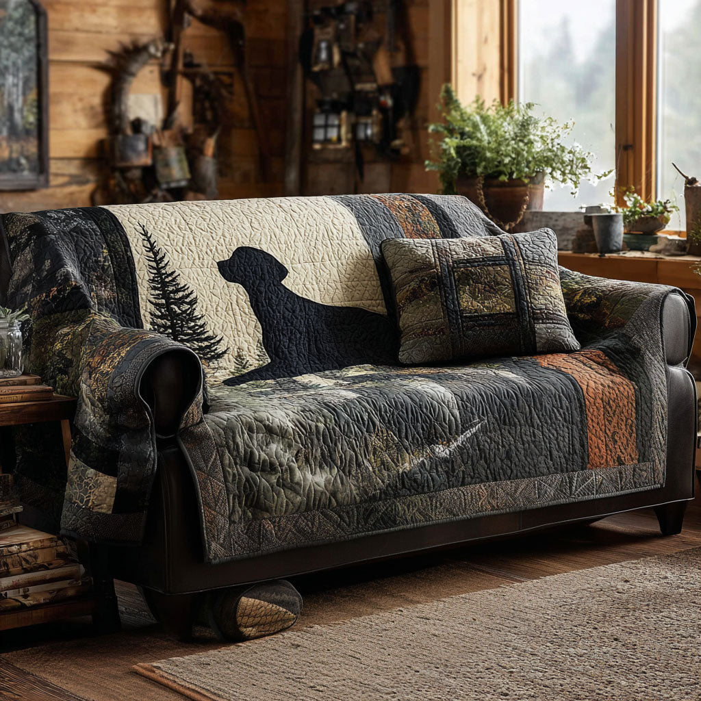 Black Lab Lodge quilted sofa cover – black Labrador on lodge patchwork