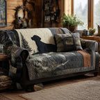 Black Lab Lodge quilted sofa cover – black Labrador on lodge patchwork