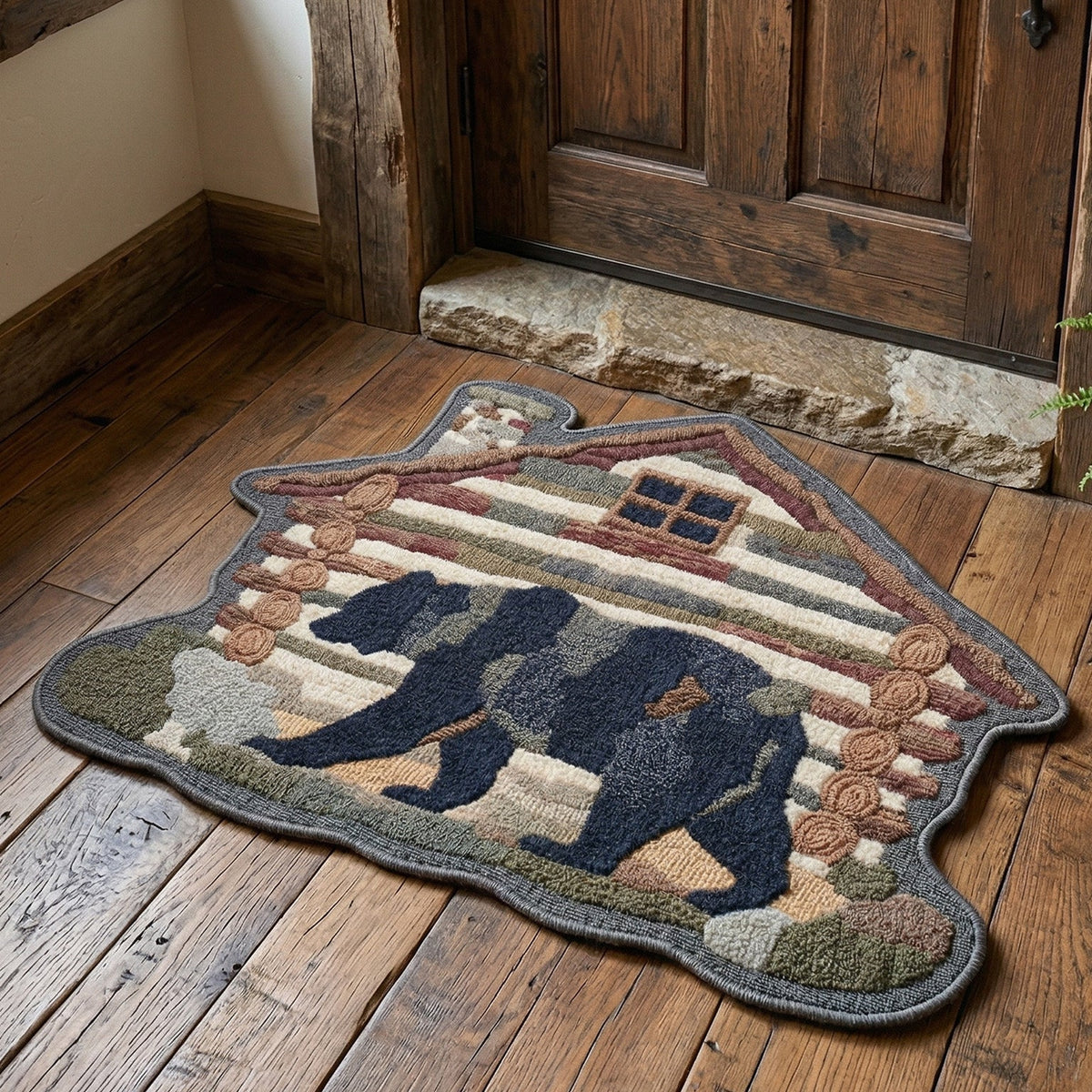 Rustic Cabin Bear shaped doormat – bear and cabin