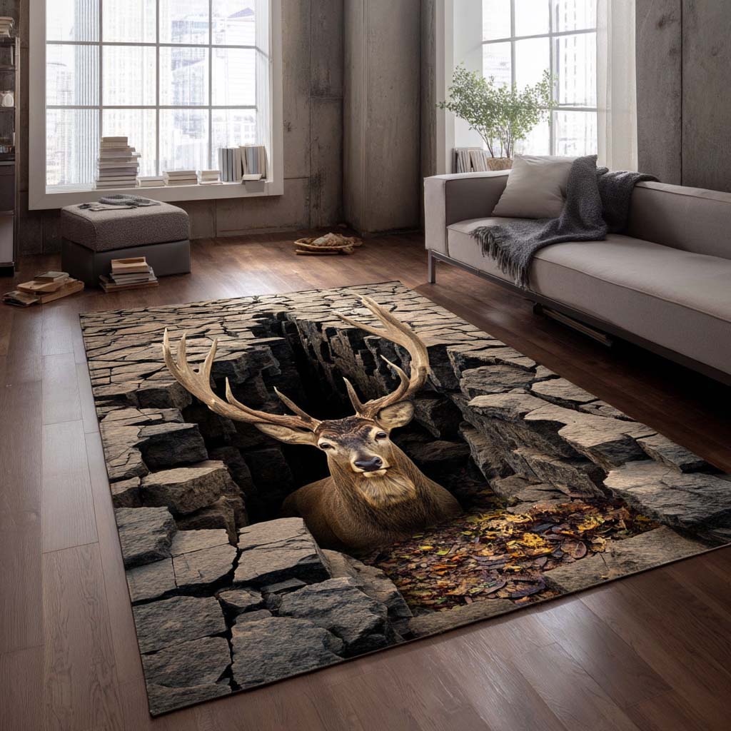Rustic Deer rug – stag in a stone pit