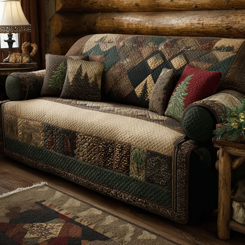 Evergreen Haven quilted sofa cover with olive, moss, tan and brown blocks, pinecone and pine-tree panels and an oatmeal seat
