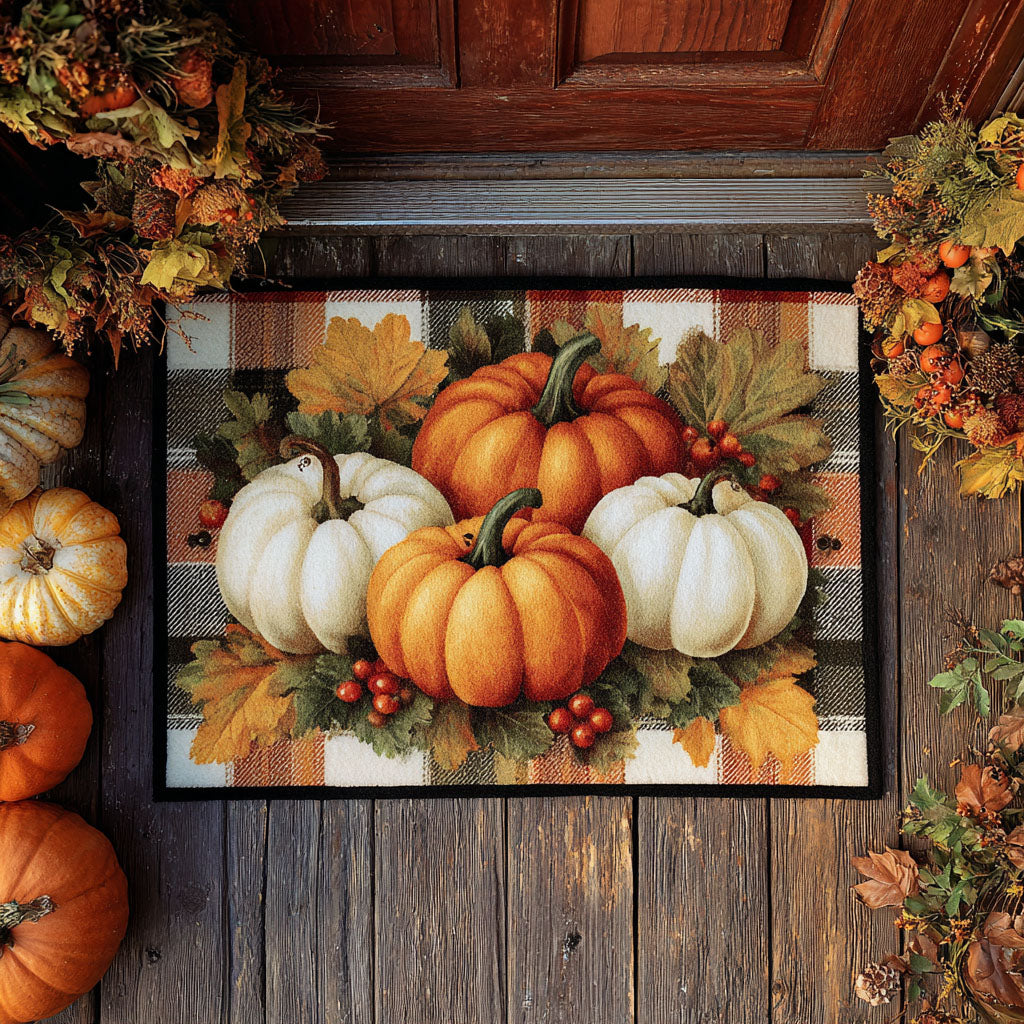Rustic Gather Pumpkins doormat – pumpkins on plaid
