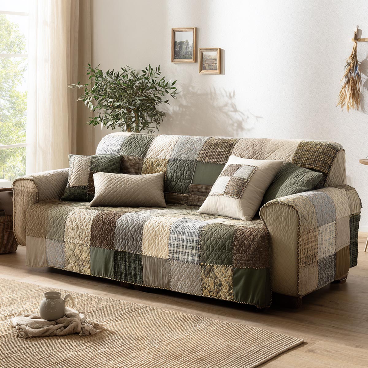 Sage Grey Patchwork quilted sofa cover – sage and grey patchwork squares