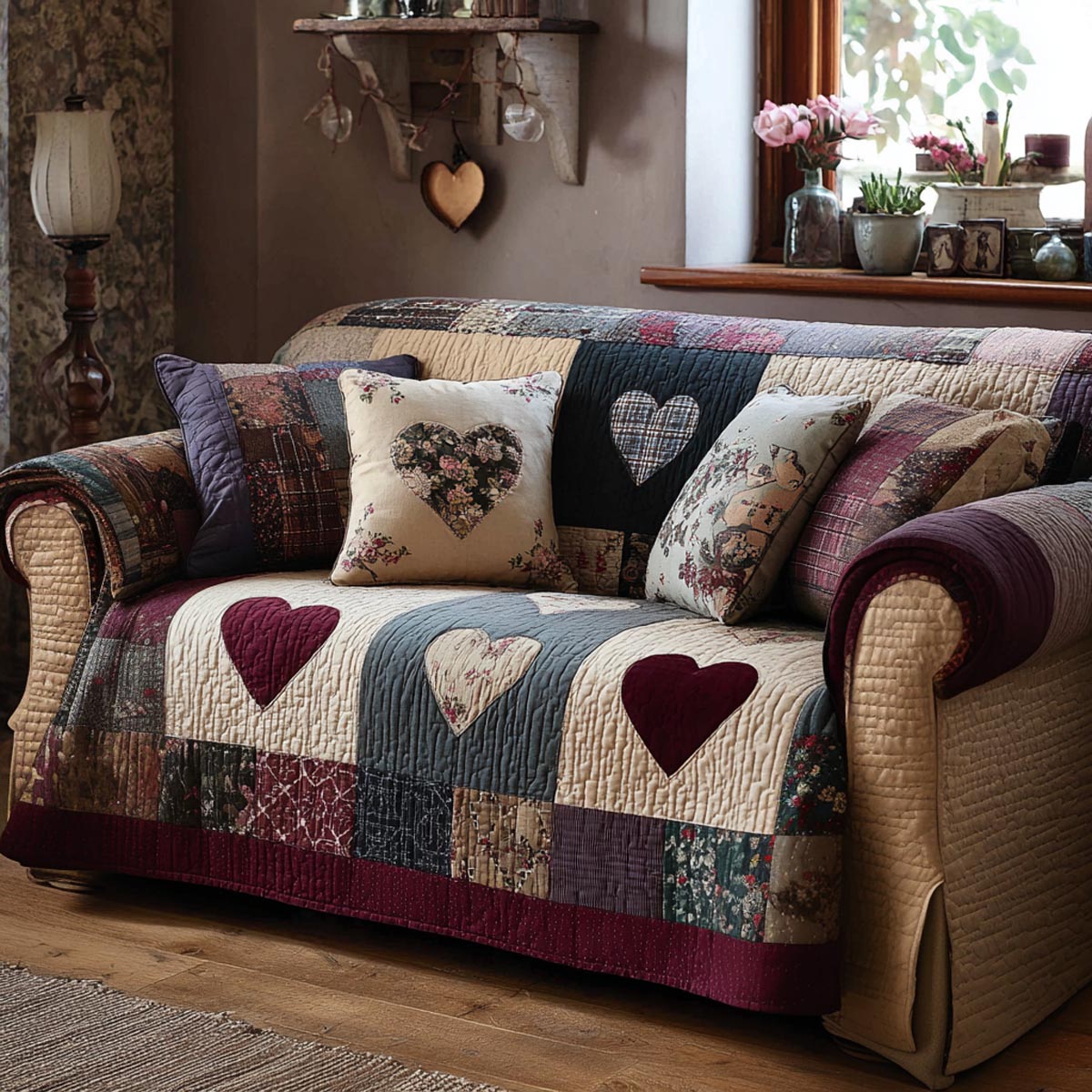 Rustic Heart Squares quilted sofa cover – hearts in navy and plum patchwork