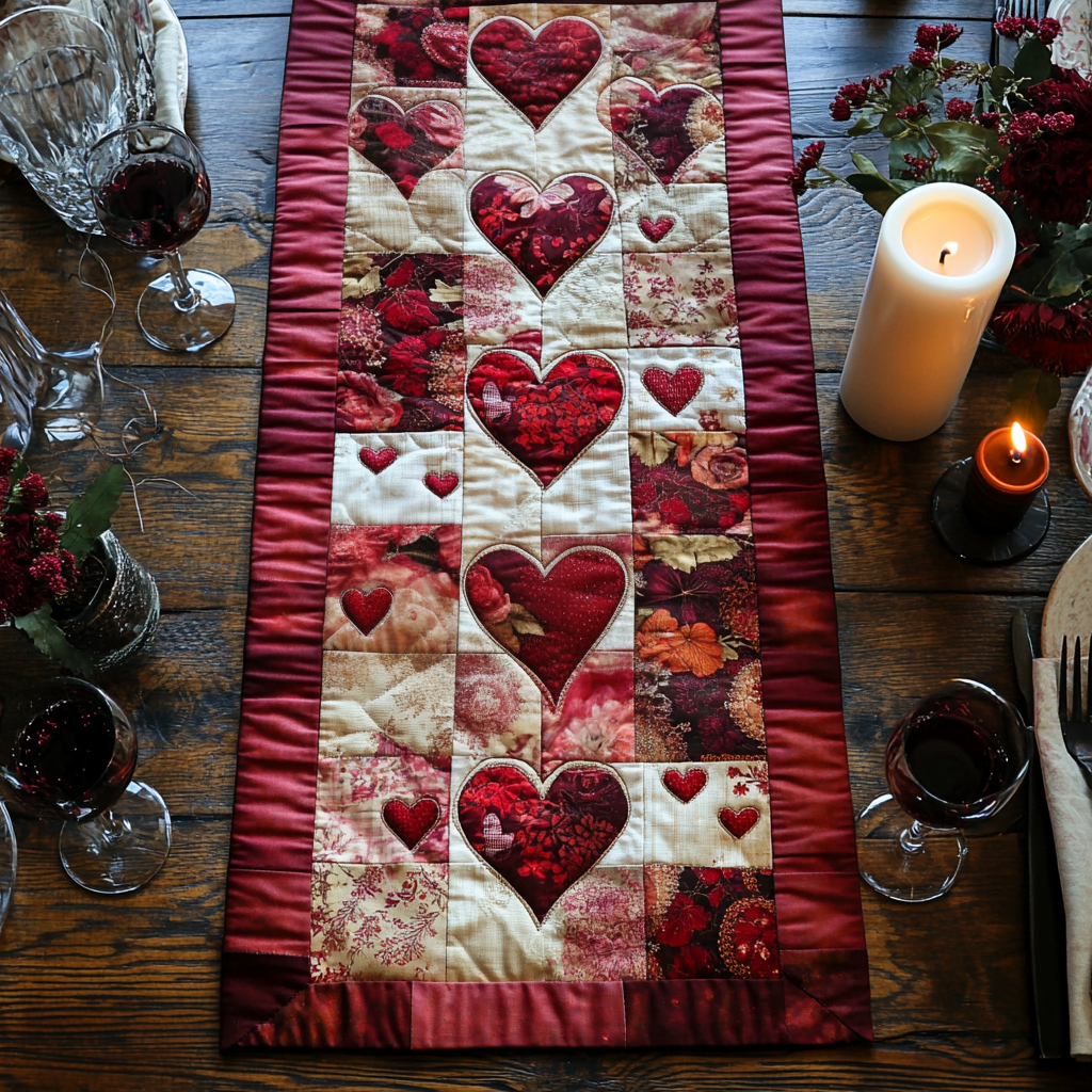 Heart Blocks quilted table runner – red hearts in patchwork blocks