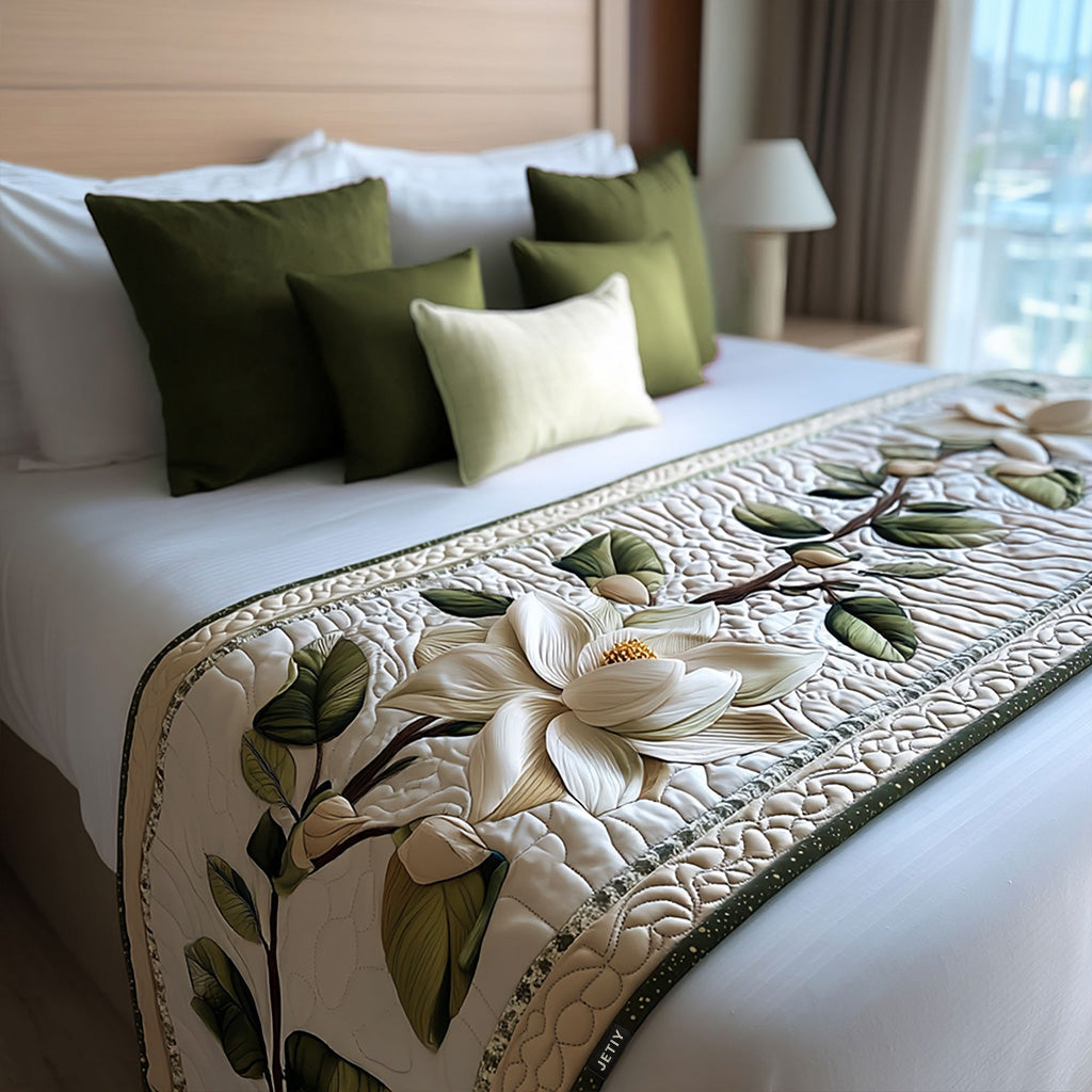 Rustic Magnolia quilted bed runner – cream magnolia on soft taupe