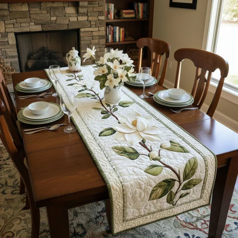 Corner detail of the Rustic Magnolia quilted table runner showing the stitched edge