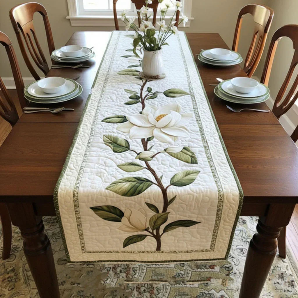 Close view of the wave-stitch quilting on the Rustic Magnolia table runner