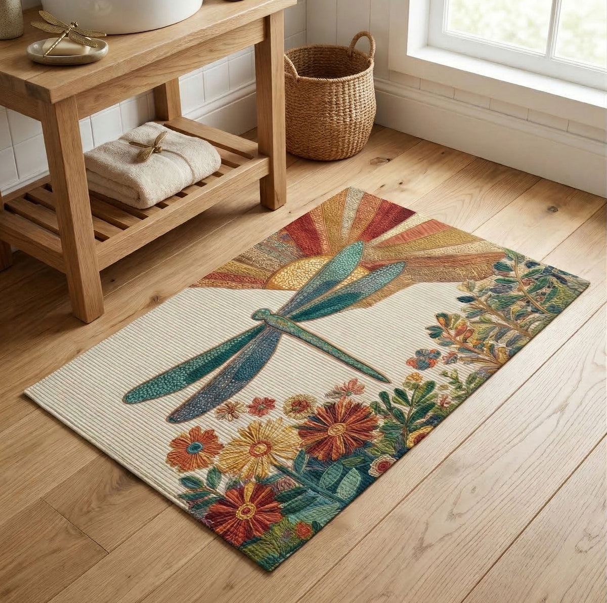 Rustic Meadow Dragonfly bath mat – dragonfly over flowers