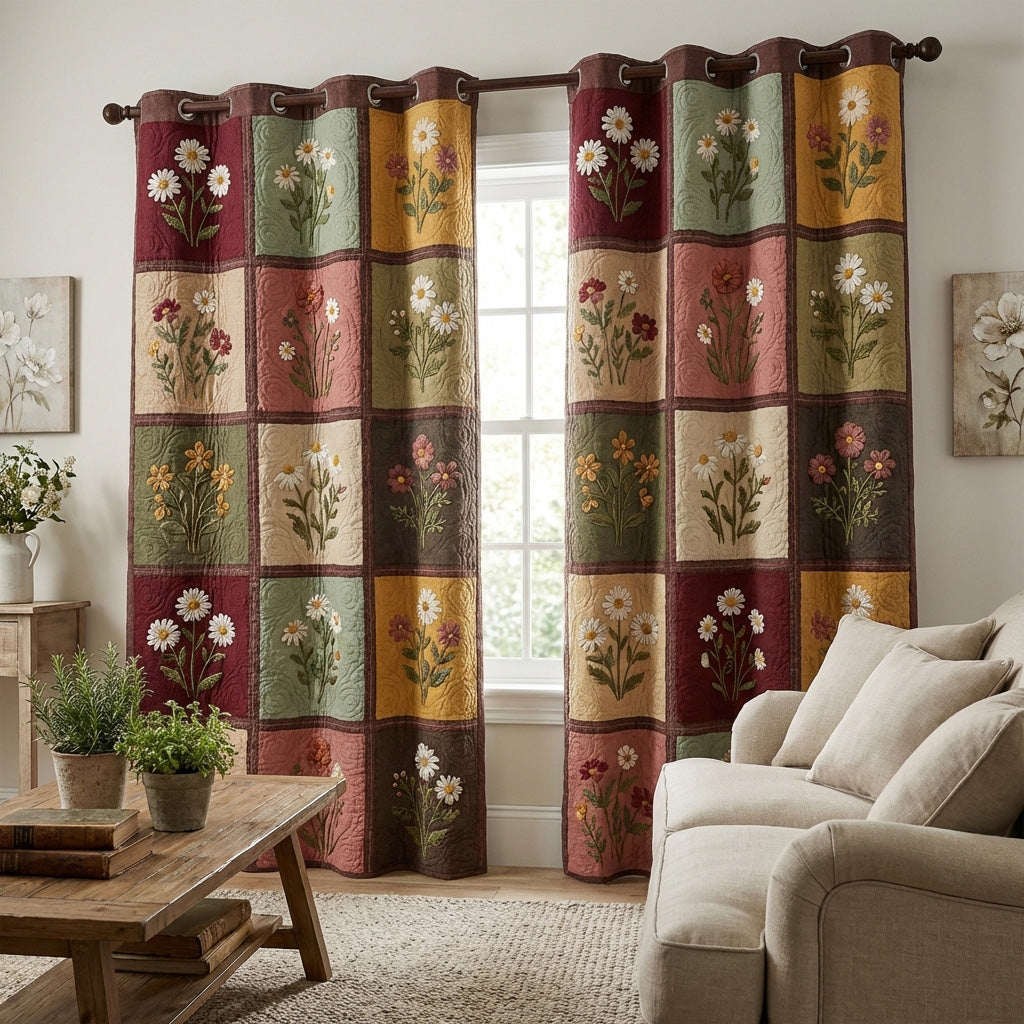 Burgundy Floral Patchwork quilted curtains – florals in burgundy patchwork