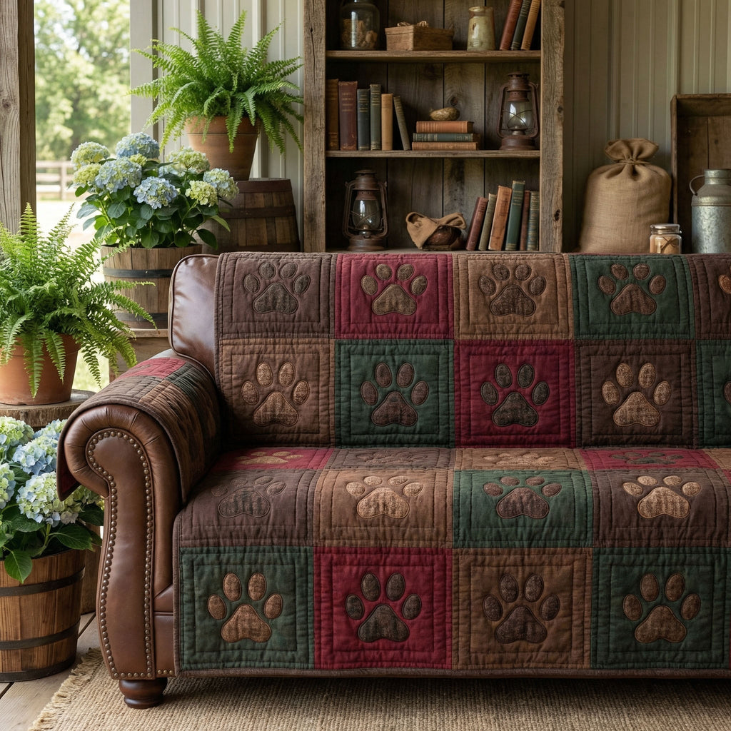 Woodland Paws quilted sofa cover with chestnut brown, forest green and barn red squares each carrying a tonal paw print