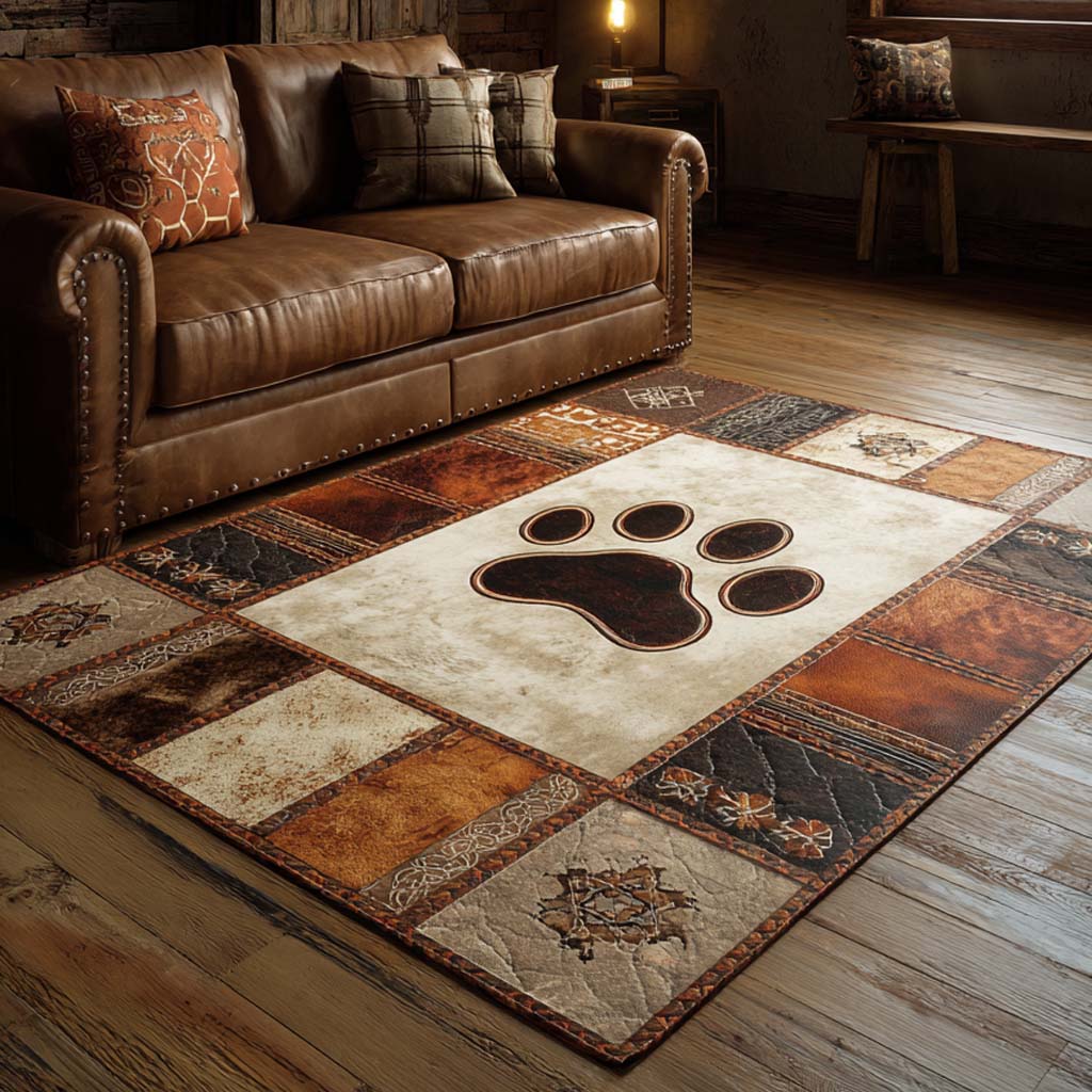 Leather Paw Print rug – paw print on leather patchwork